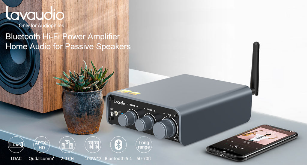 1Mii Amplificador de potencia estéreo P4 Bluetooth 5.3, 2 canales 100 W x 2  mini amplificador de audio de alta fidelidad, receptor inalámbrico con