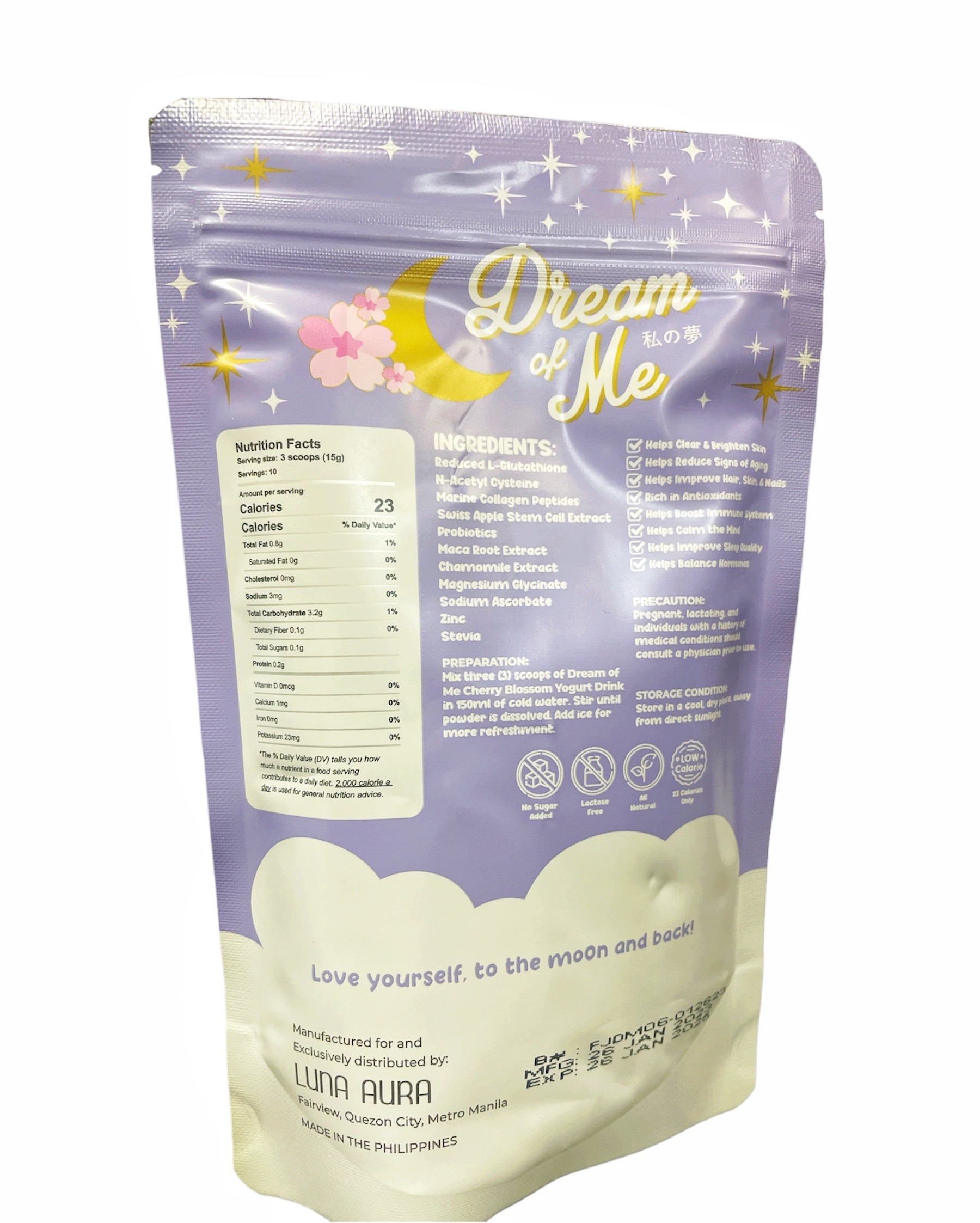 Luna Aura Dream of Me Cherry Blossom Yogurt Drink Collagen & Glutathione, 150g