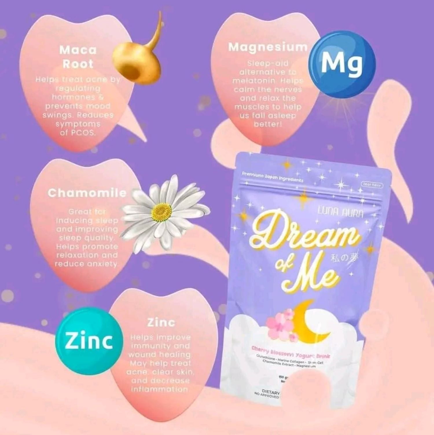 Luna Aura Dream of Me Cherry Blossom Yogurt Drink Collagen & Glutathione, 150g