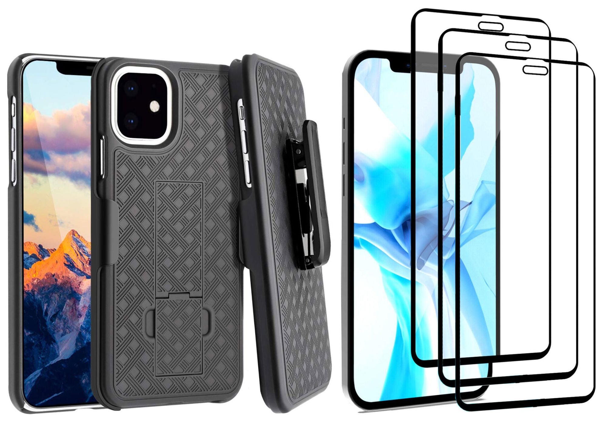 Belt Clip Case and 3 Pack Screen Protector, Matte Kickstand Cover Tempered Glass Swivel Holster - AWM90+3R63