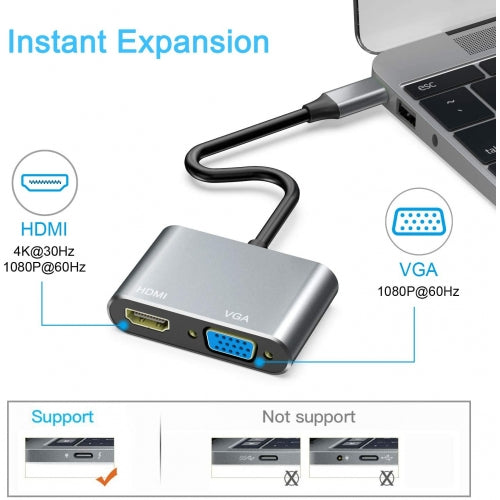 USB-C to HDMI VGA Adapter, Projector Converter TV Video Hub HDTV Cable Video Splitter - AWX98