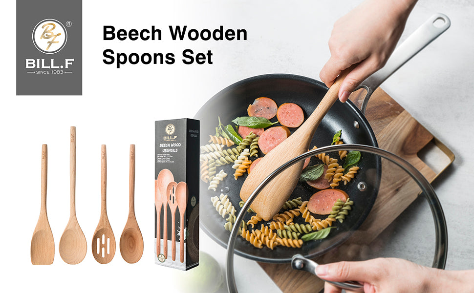 BILL.F Wooden Cooking Utensils Set of Spoons 4-Piece Kitchen Utensil Set for Non-Stick Cookware