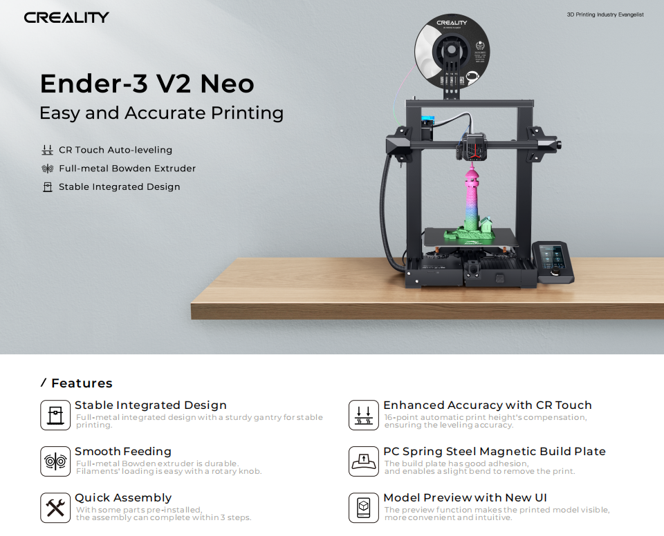 Imprimante 3D Creality Ender-3 V2 Neo  CR Touch Auto-nivellement 2022  Nouveau