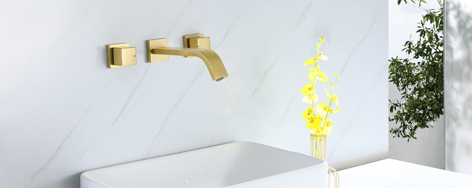Wall Mount 2 Handle Sink Faucet Brushed Gold