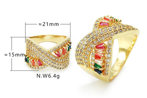 Anel em X carrê com zircônias colorida no atacado - XYR103286