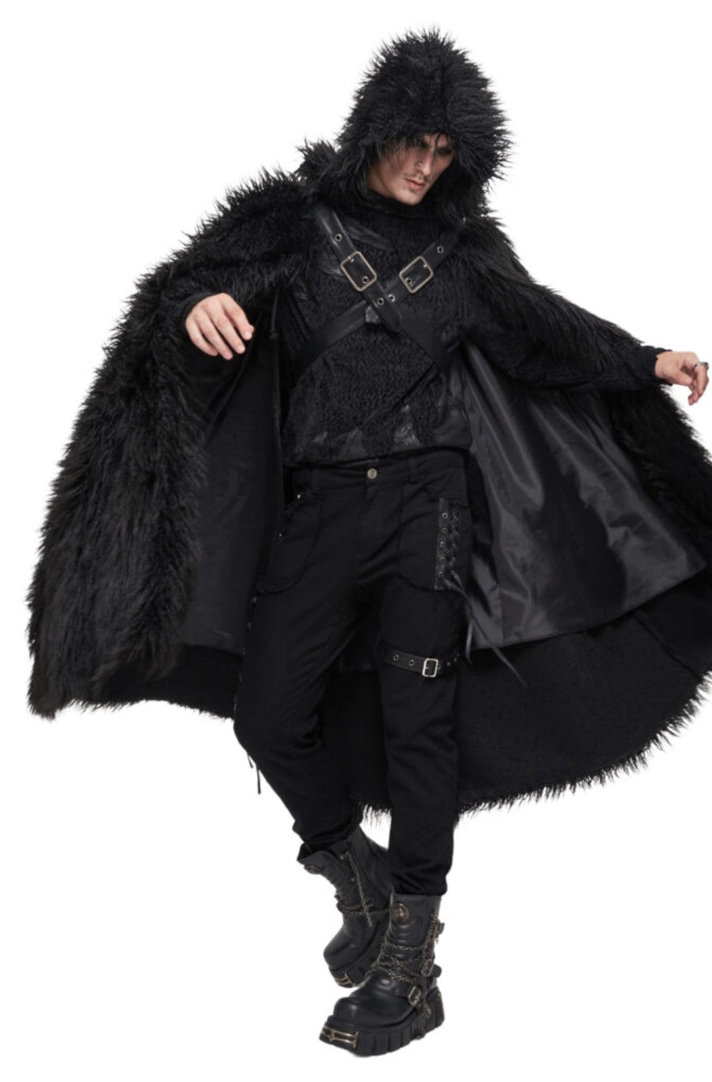 Gothic Black Fur Long Hooded Cape