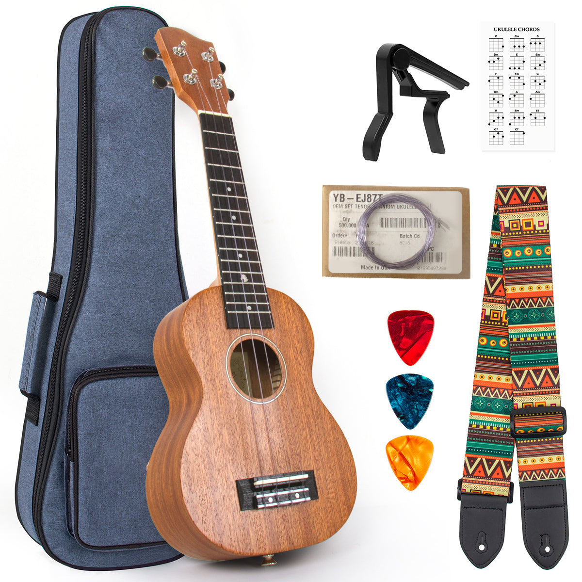 package Including Gig Bag Picks Capo Spare Nylon Strings 21 Inch Soprano Ukulele with Solid Mahogany Top Strap 