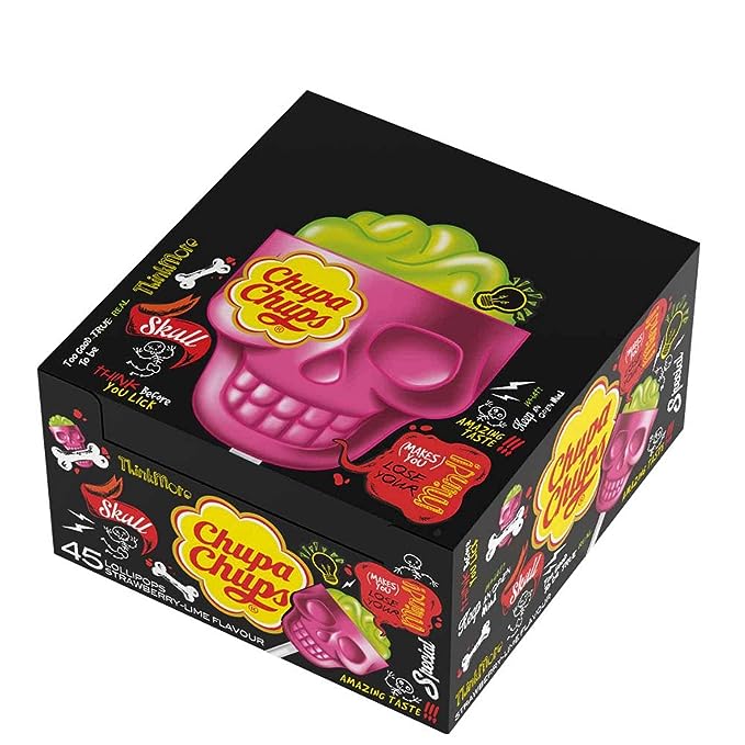 Chupa Chups Skull Strawberry Lime Flavored Preservative Free 25 Skull Lolipop 15g Each