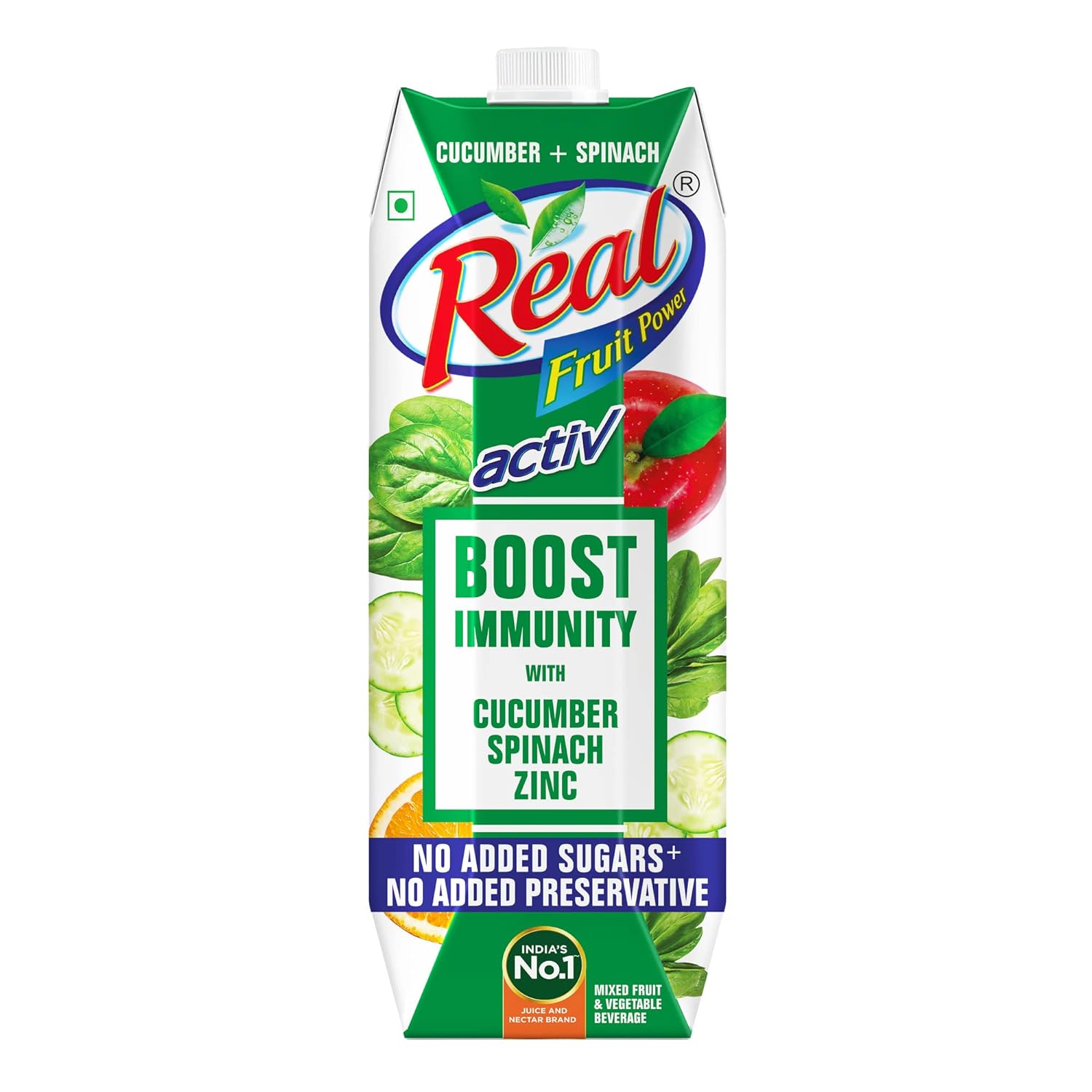 Real Activ Cucumber Spinach Fruit Juice - 1L | No Added Sugars, No Added Preservatives | Helps Boosts Immunity | Mix Fruit & Vegetable Juice with Added Zinc | Tasty, Healthy & Refreshing Fruit Drink