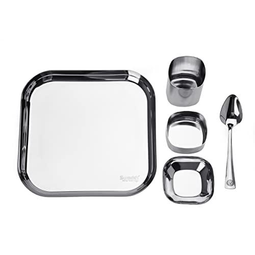 Sumeet Square Stainless Steel Heavy Gauge Mirror Finish Dinner Set of 5 Pc (1 Plate, 1 Halwa Plate, 1 Bowl, 1 Glass, 1 Spoon)