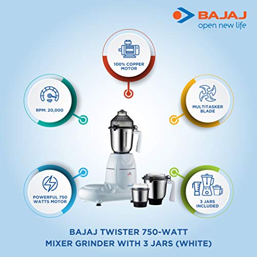 Bajaj Twister Mixer Grinder, 750W, 3 Jars (White)