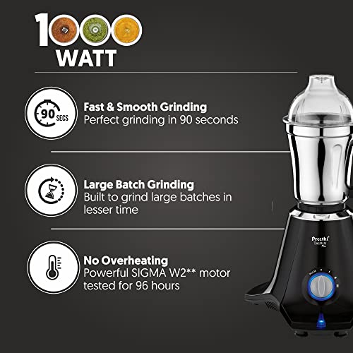 Preethi Taurus Pro MG-256 Mixer Grinder, Black, 3 Jars,Powerful 1000 Watt motor for perfect grinding in 90 sec, Shock proof ABS Plastic Body, 5 Yr Motor Warranty & Lifelong Free Service