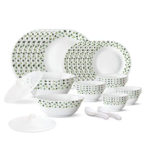 Larah by Borosil Sage Silk Series Opalware Dinner Set | 35 Pieces for Family of 6 | Microwave & Dishwasher Safe | Bone-Ash Free | Crockery Set for Dining & Gifting | Plates & Bowls | White