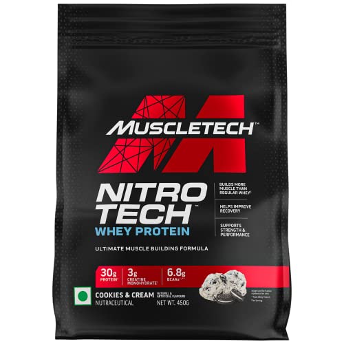 MuscleTech Nitro-Tech Whey Protein | Protein + Creatine for Muscle Gain | Muscle Builder for Men & Women | Sports Nutrition | Cookies & Cream, 450g