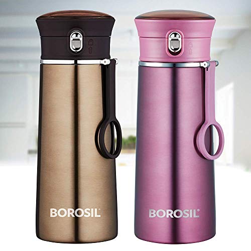 Borosil - Stainless Steel Hydra Travelease - Vacuum Insulated Flask Water Bottle, 420 ML, Brown