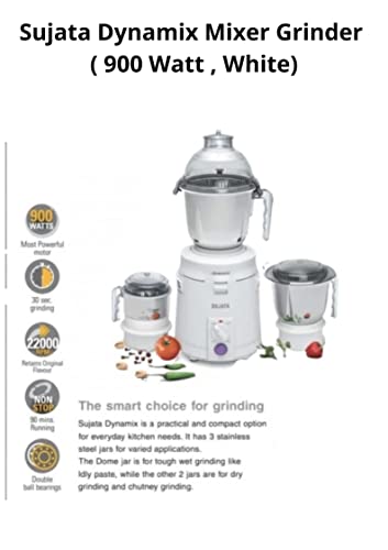 Sujata Dynamix DX Mixer Grinder, 900W, 3 Jars (White,Plastic)