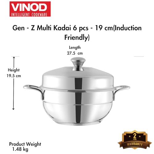 Vinod Gen - Z Multi Kadai 6 pcs Comes with Stainless Steel Lid, 2 Idli Plates, 2 Dhokla Plates and 1 Patra Plate - Silver (Induction and Gas Stove Friendly, Stainless Steel)