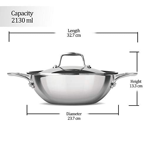 Milton Pro Cook Triply Stainless Steel Kadhai with Lid, 22 cm / 2.2 Litre