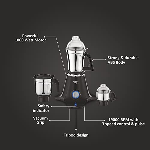 Preethi Taurus Pro MG-256 Mixer Grinder, Black, 3 Jars,Powerful 1000 Watt motor for perfect grinding in 90 sec, Shock proof ABS Plastic Body, 5 Yr Motor Warranty & Lifelong Free Service