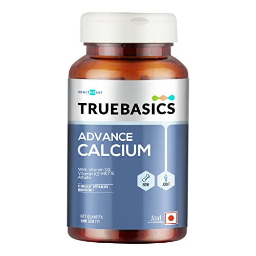 TrueBasics Advance Calcium Tablets for Women and Men, with Vitamin D3, Vitamin K2-MK7, Magnesium, Zinc, Alfalfa, Clinically Researched Ingredients, 90 Calcium Tablets