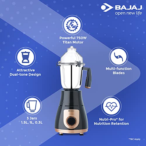 Bajaj GX-3701 750W Mixer Grinder with Nutri-Pro Feature, 3 Jars, Black