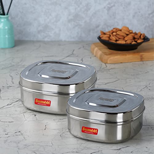 Sumeet Stainless Steel Square Storage containers box/Dabba for Kitchen, Set of 2Pcs, 700ml, 12.5cm Dia, Silver
