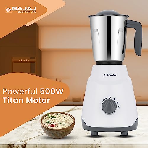 Bajaj Ninja Series Contempo 500W Mixer Grinder|3 Stainless Steel Jar|DuraCut Blades by Bajaj|2-in-1 function blade| Pulse Mode| 2 Warranty by Bajaj| Grey