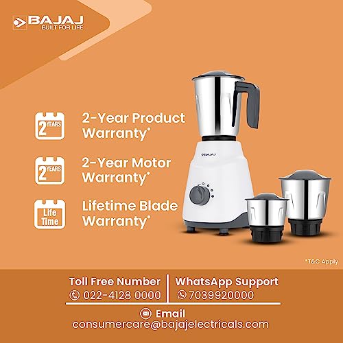 Bajaj Ninja Series Contempo 500W Mixer Grinder|3 Stainless Steel Jar|DuraCut Blades by Bajaj|2-in-1 function blade| Pulse Mode| 2 Warranty by Bajaj| Grey