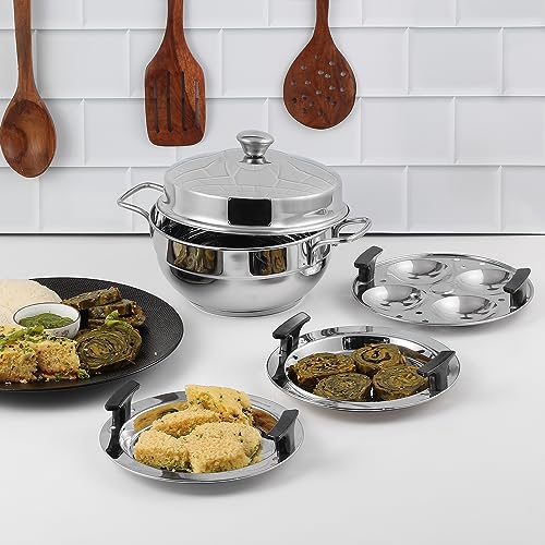 Vinod Gen - Z Multi Kadai 6 pcs Comes with Stainless Steel Lid, 2 Idli Plates, 2 Dhokla Plates and 1 Patra Plate - Silver (Induction and Gas Stove Friendly, Stainless Steel)