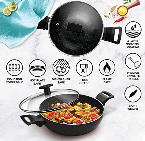 Milton Pro Cook Granito Induction Kadhai with Lid, 26 cm / 3.4 Litre, Black (Aluminium)