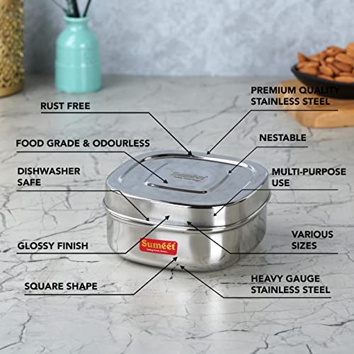 Sumeet Stainless Steel Square Storage containers box/Dabba for Kitchen, Set of 2Pcs, 700ml, 12.5cm Dia, Silver