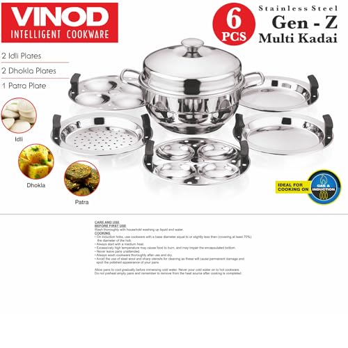 Vinod Gen - Z Multi Kadai 6 pcs Comes with Stainless Steel Lid, 2 Idli Plates, 2 Dhokla Plates and 1 Patra Plate - Silver (Induction and Gas Stove Friendly, Stainless Steel)