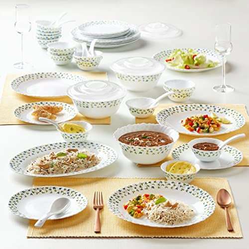 Larah by Borosil Sage Silk Series Opalware Dinner Set | 35 Pieces for Family of 6 | Microwave & Dishwasher Safe | Bone-Ash Free | Crockery Set for Dining & Gifting | Plates & Bowls | White