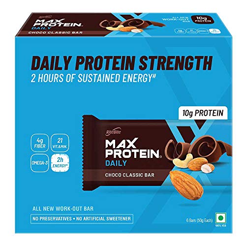 RiteBite Max Protein Daily Choco Classic 10g Protein Bars [Pack of 6] Protein Blend, Fiber, Vitamins & Minerals, No Preservatives, 100% Veg, For Energy, Fitness & Immunity - 300g