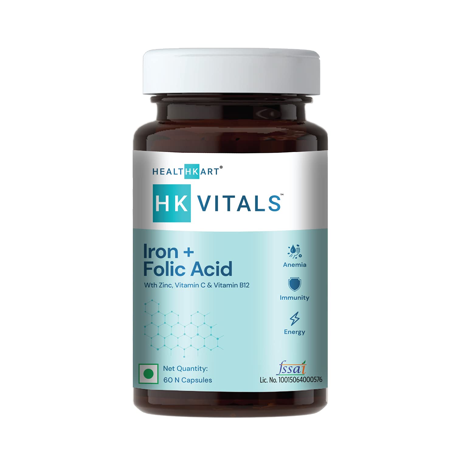 HealthKart HK Vitals Iron + Folic Acid Supplement, with Zinc, Vitamin C & Vitamin B12 - 60 Iron Folic Acid Tablets