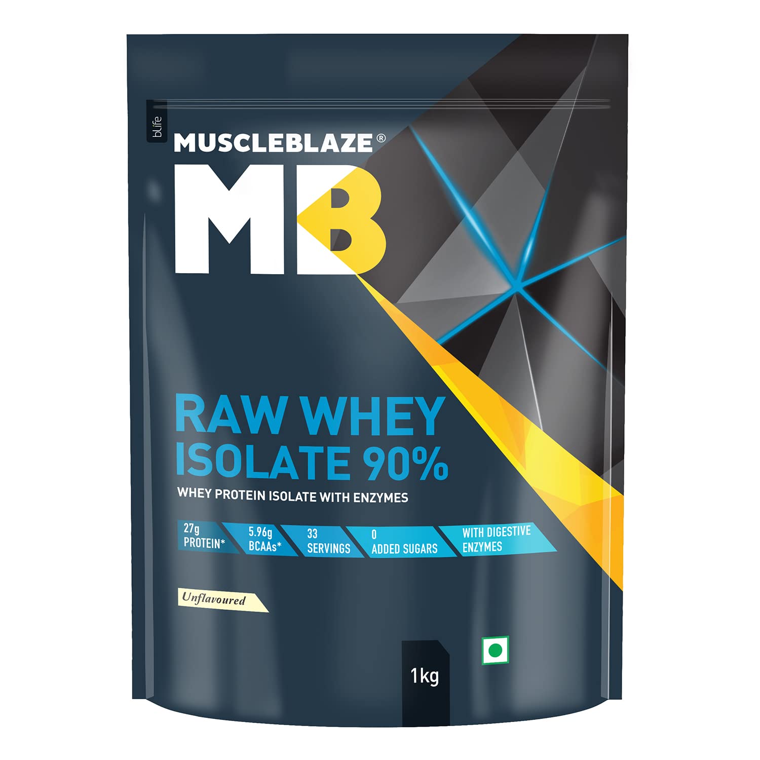 MuscleBlaze Raw Whey Isolate 90% with Digestive Enzymes (Unflavoured, 1 kg / 2.2 lb)