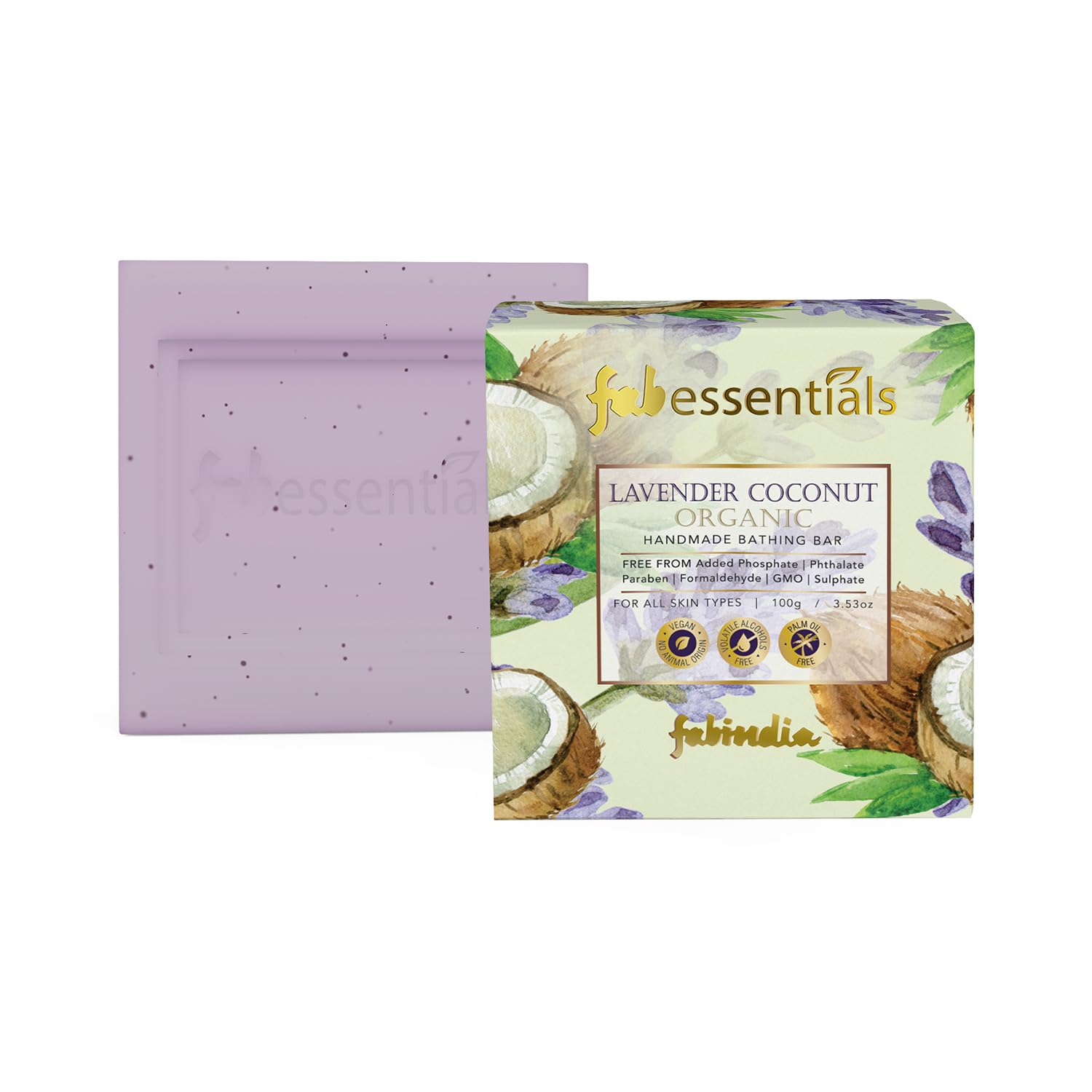 Fabessentials Lavender Coconut Organic Handmade Bathing Bar | 100% Organic | with the Goodness of Vitamin E| Cleanses, Nourishes & Brightens Skin | Vegan & Palm-Oil Free - 100 gm