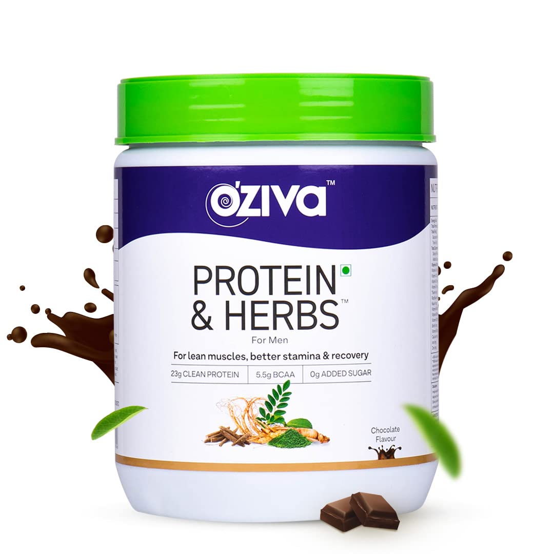 OZiva Protein & Herbs for Men for Muscle Building, Recovery and Stamina, Chocolate 500 g