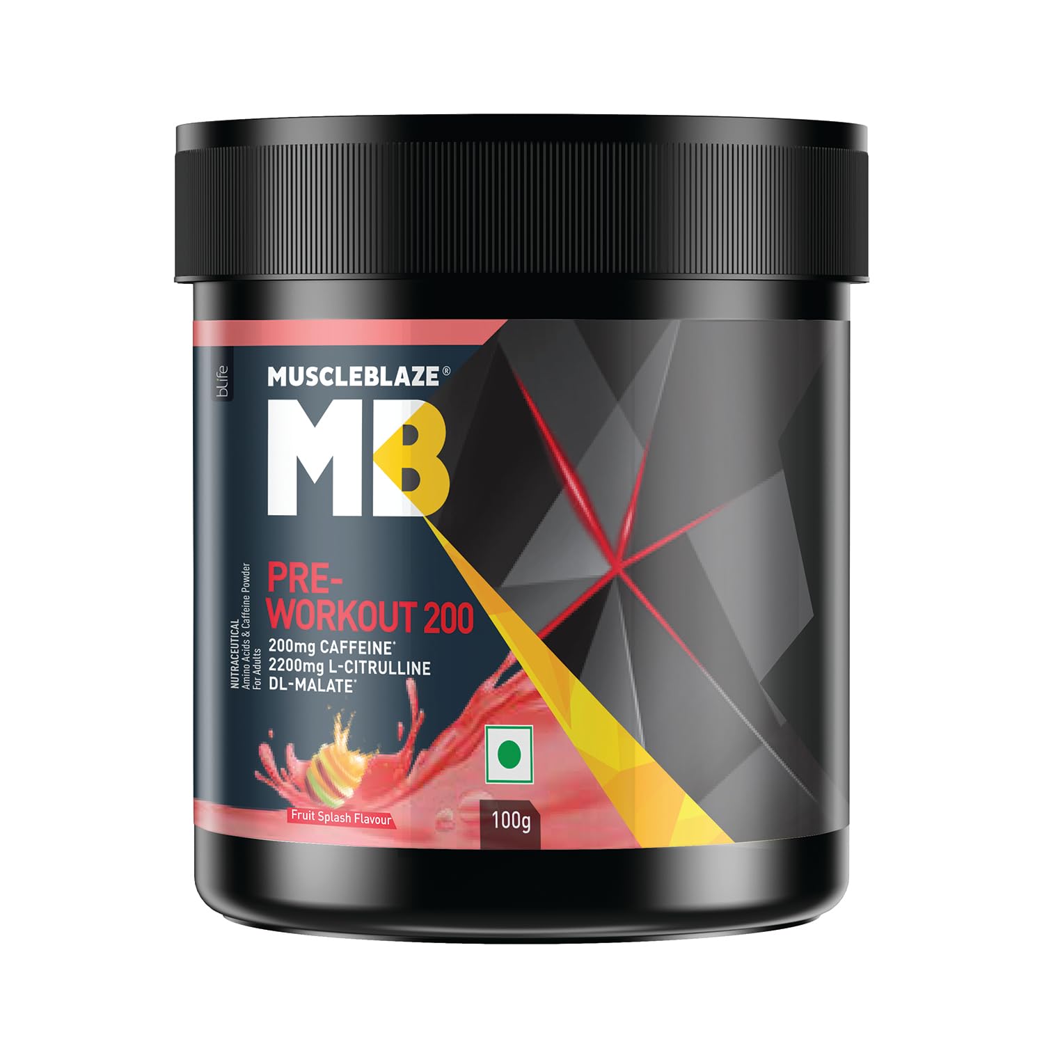 MuscleBlaze Pre Workout 200, 200mg Caffeine, 2200mg Citrulline (Fruit Splash, 100g Powder, 20 servings)