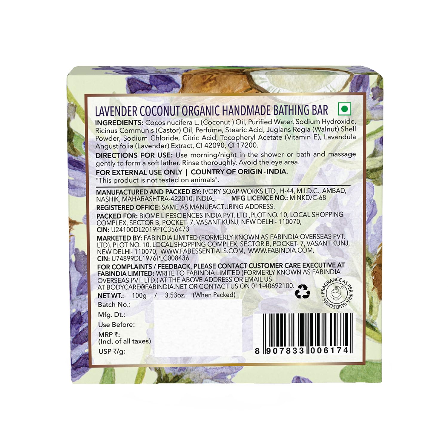 Fabessentials Lavender Coconut Organic Handmade Bathing Bar | 100% Organic | with the Goodness of Vitamin E| Cleanses, Nourishes & Brightens Skin | Vegan & Palm-Oil Free - 100 gm