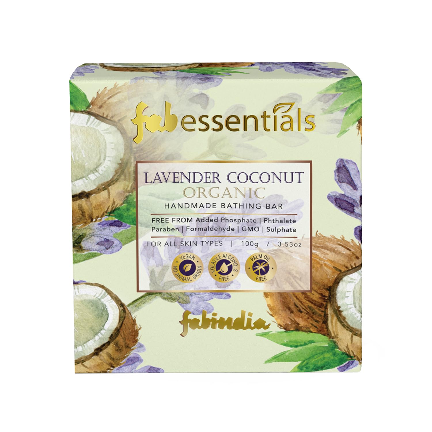 Fabessentials Lavender Coconut Organic Handmade Bathing Bar | 100% Organic | with the Goodness of Vitamin E| Cleanses, Nourishes & Brightens Skin | Vegan & Palm-Oil Free - 100 gm