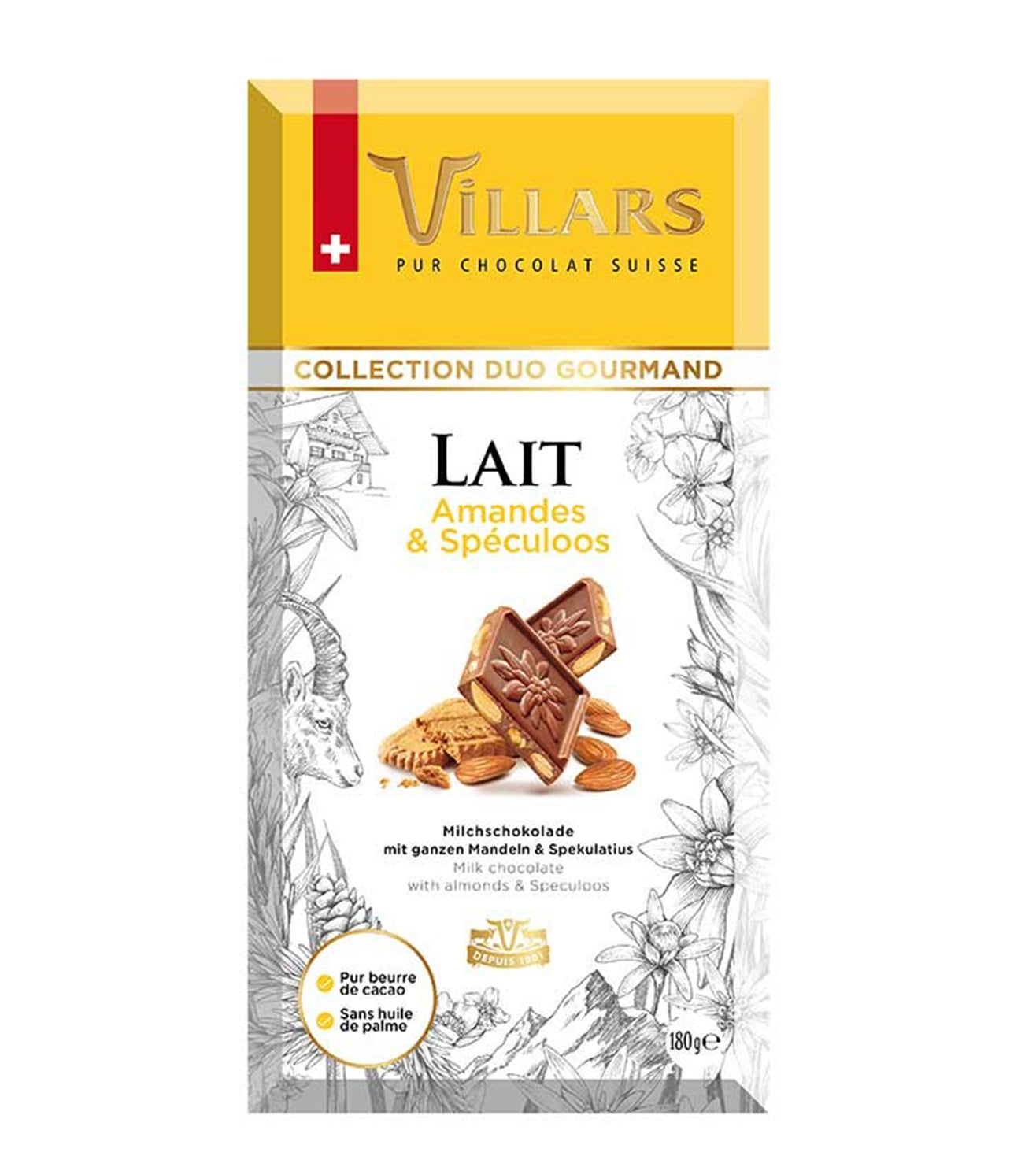 VILLARS Milk Chocolate With Whole Almonds & Speculoos Bar - 180 g each