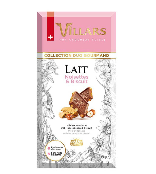 VILLARS Milk Chocolate With Whole Hazelnuts & Biscuits Bar - 180 g each