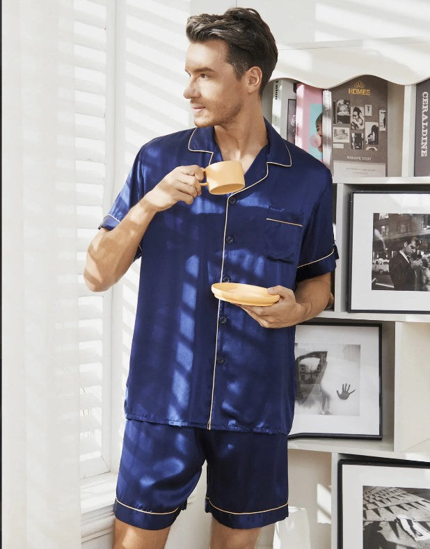 Pure Silk Classical Mens Short Pajamas 2Pcs