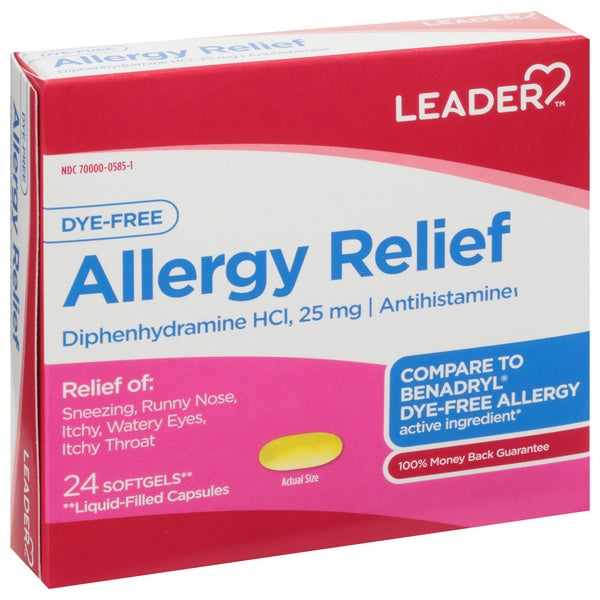 LEADER  ALLERGY RELIEF DYE FREE DIPHENHYDRAMINE 25 MG  24 CT