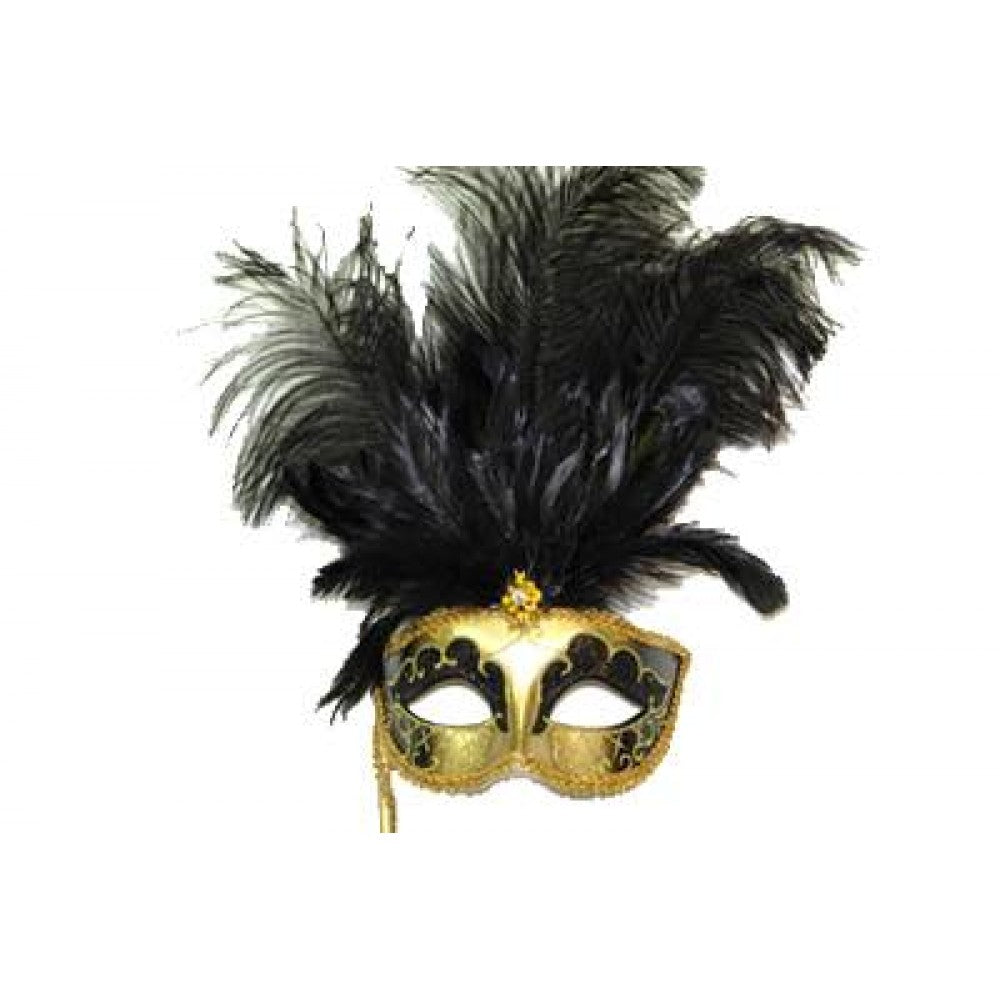 Gold & Black Half Mask with Black Feathers on Stick