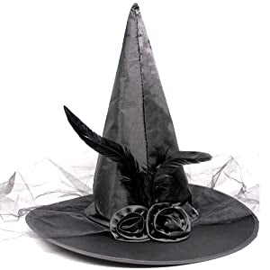 Witch Hat Satin - Black Roses & Feathers