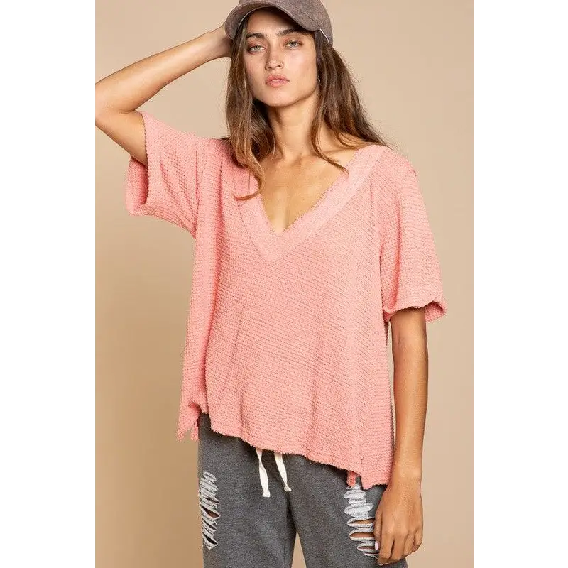 Half Sleeve V-neck Waffle Knit Top