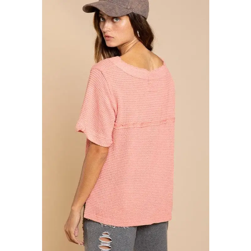 Half Sleeve V-neck Waffle Knit Top