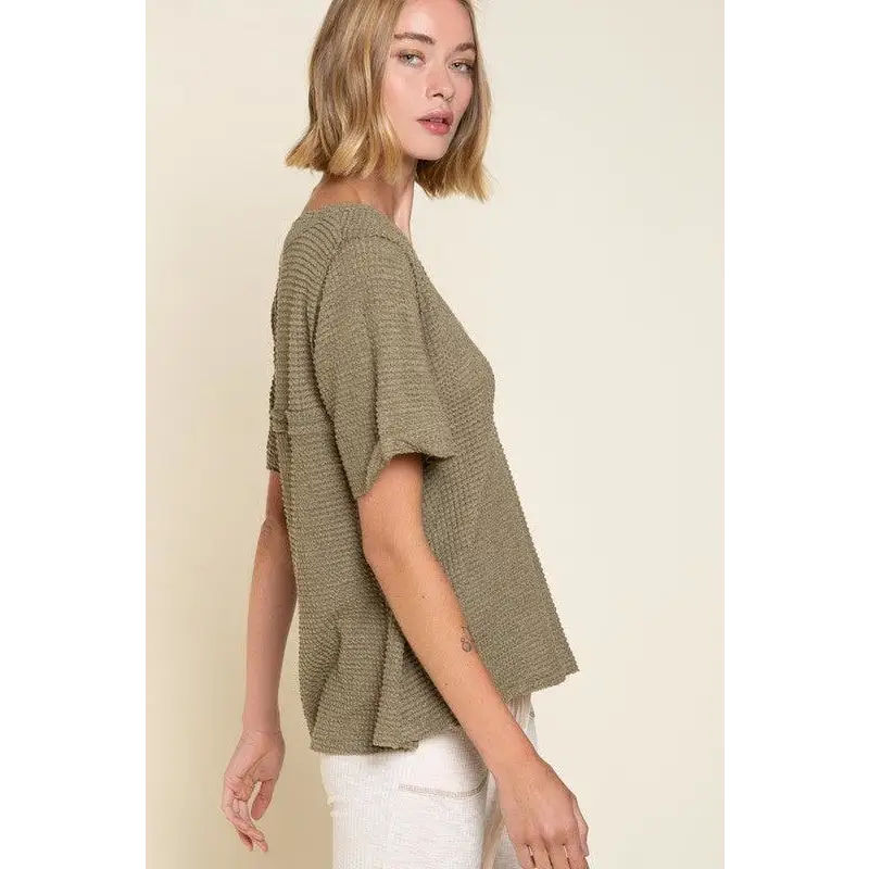 Half Sleeve V-neck Waffle Knit Top